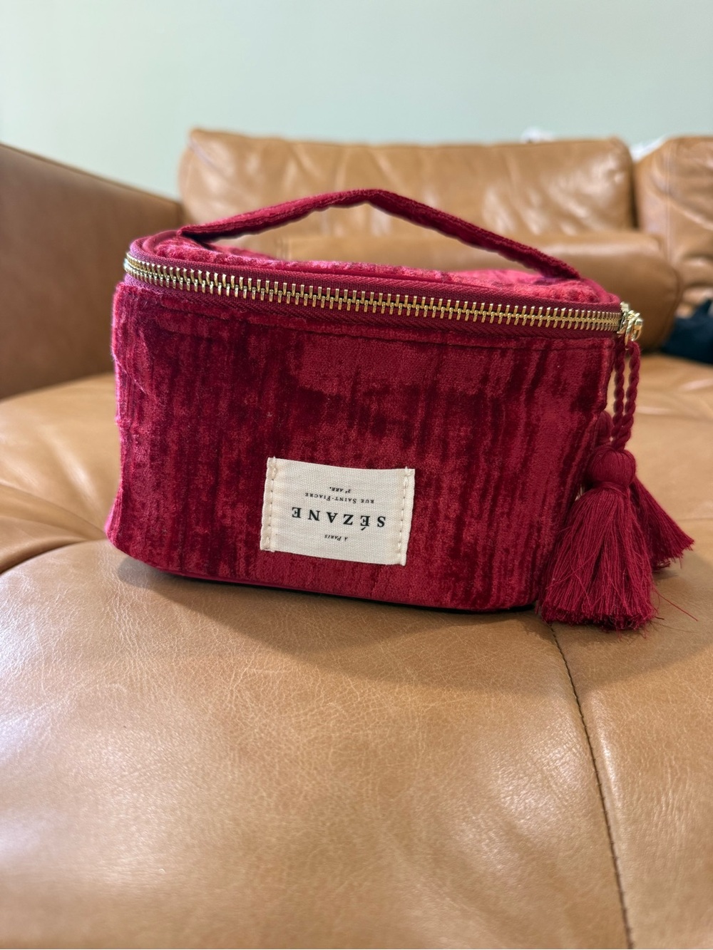 Sézane Red Velvet Tassel Zip Cosmetic Case